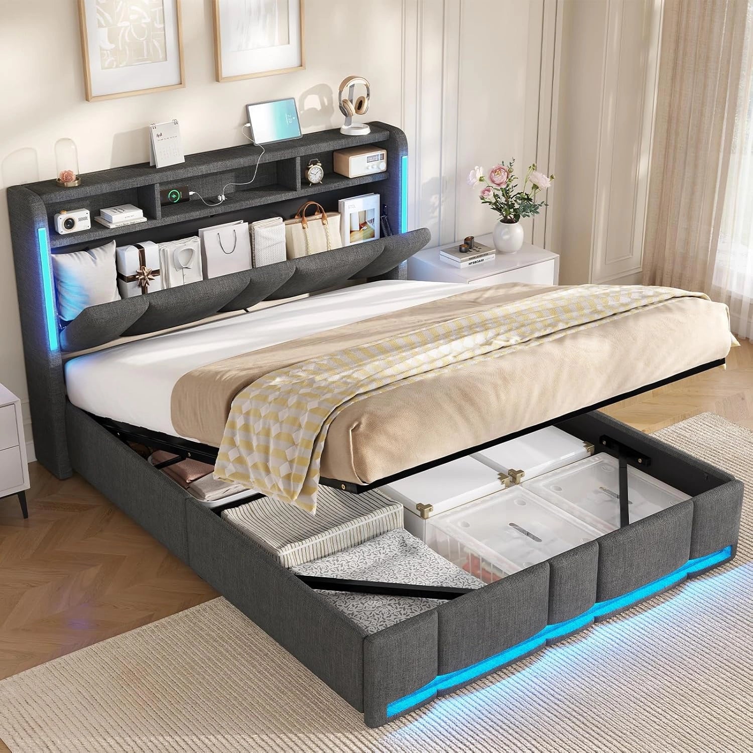 Lit Double Coffre 140x190 avec LED et Prise, Tête de Lit Capitonnée et Étagères, Rangement Caché, Sommier à Lattes, Tissu Gris Foncé