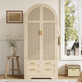 Armoire Moderne en Rotin 80x50x179 cm avec Tiroirs, Portes Courbes et Tringle - Chambre et Entrée, Bois Clair