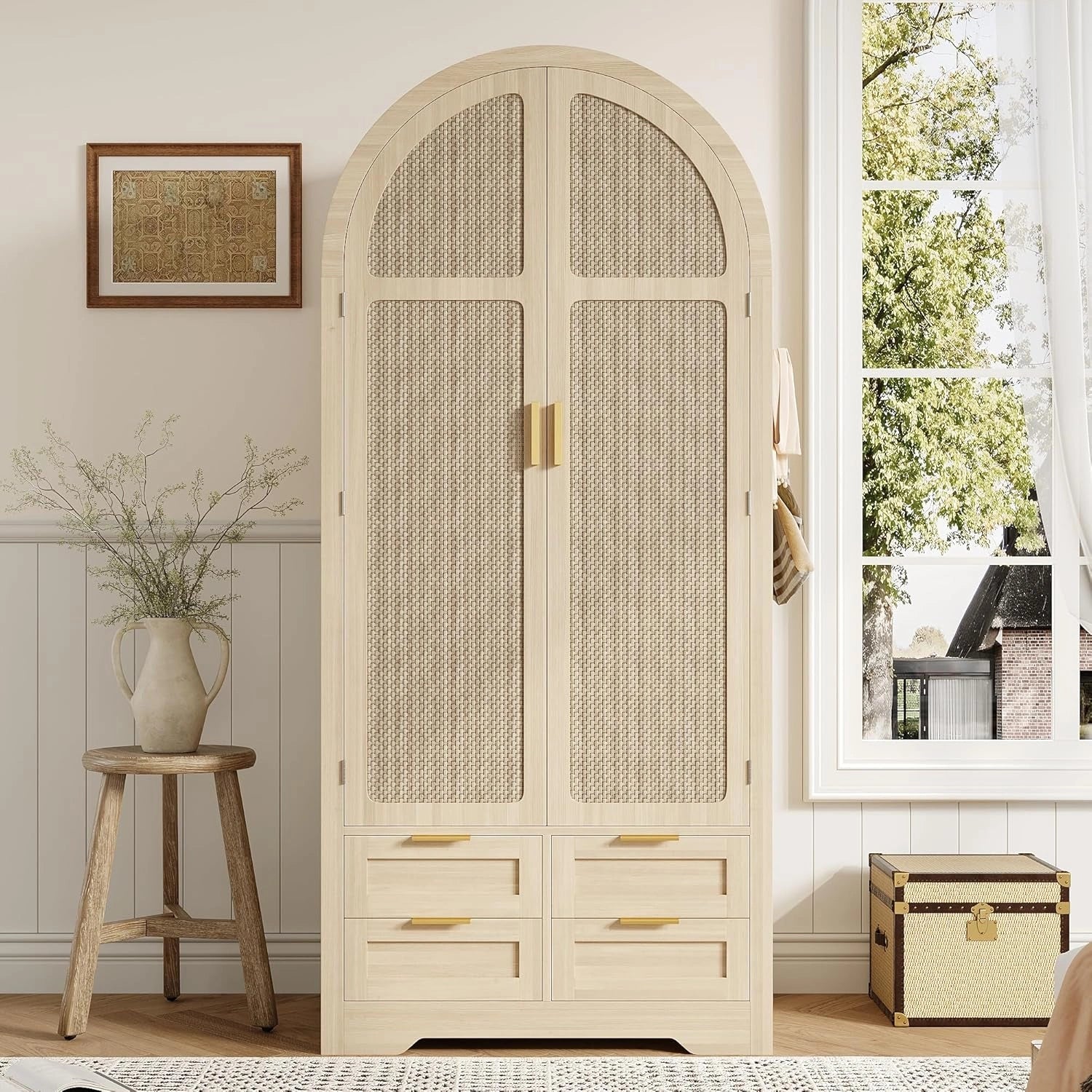 Armoire Moderne en Rotin 80x50x179 cm avec Tiroirs, Portes Courbes et Tringle - Chambre et Entrée, Bois Clair