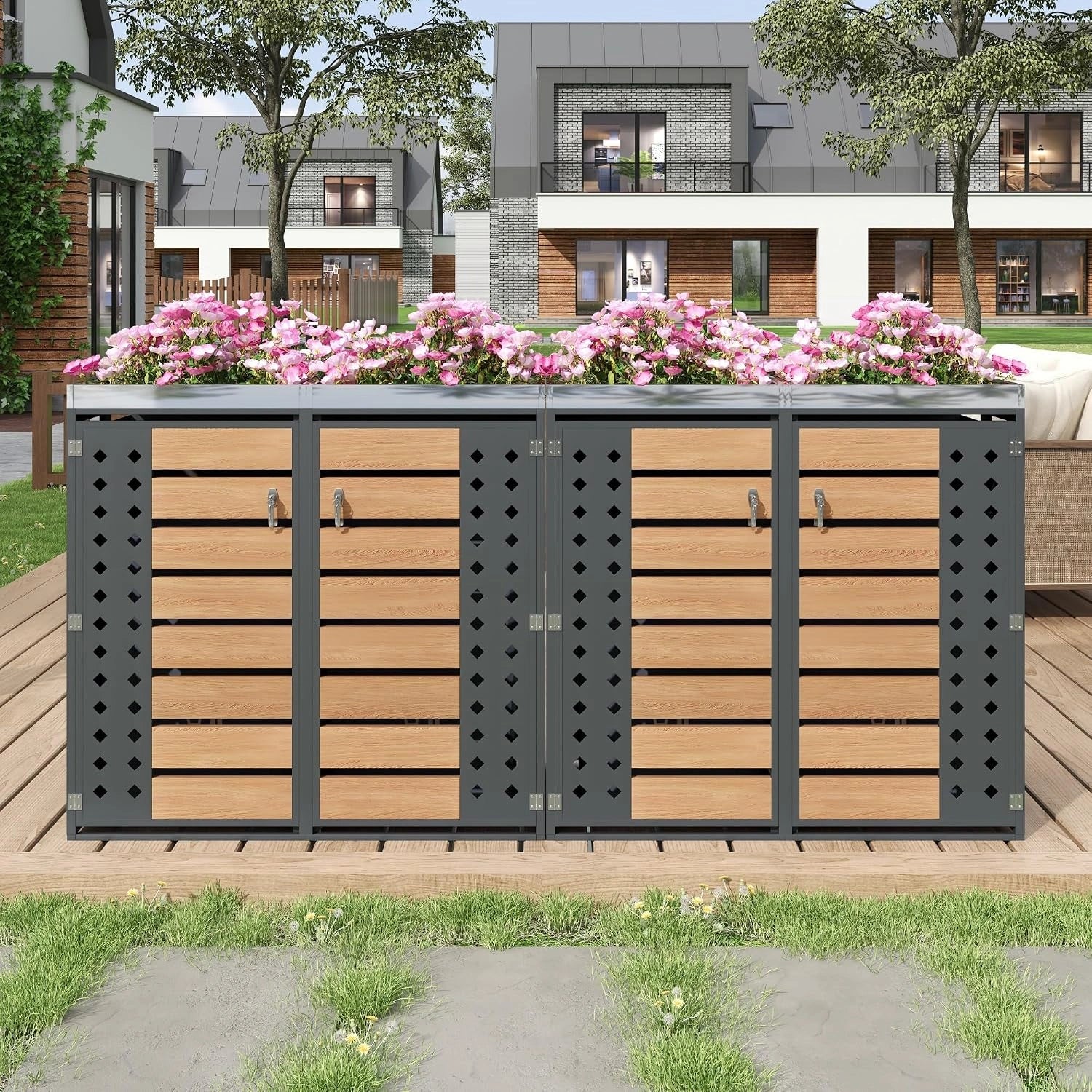 Abri à poubelles verrouillable, design bois, double portes avec espace plantes